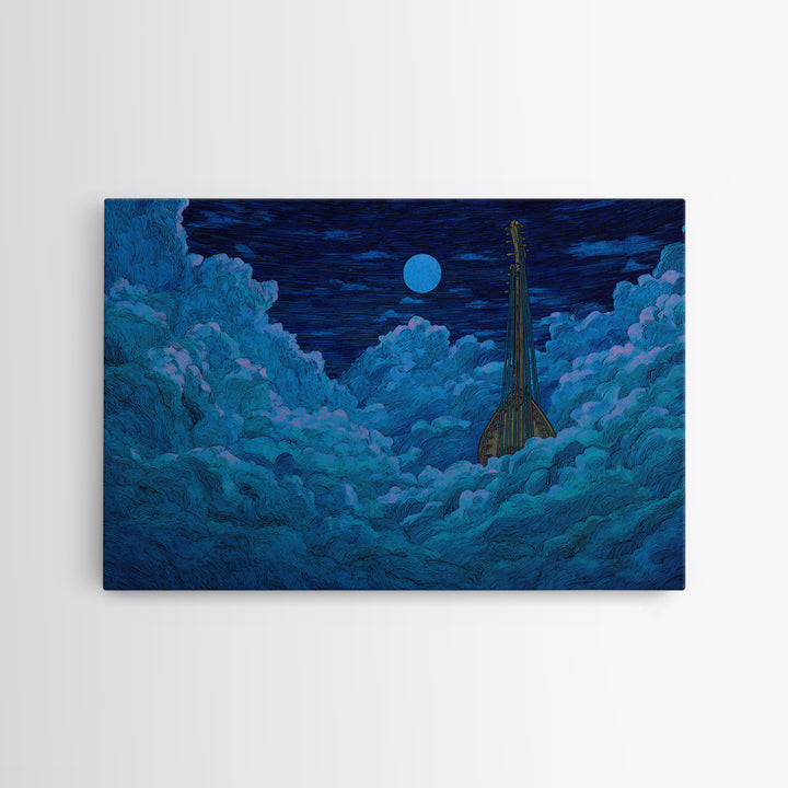 Blue Moon African Kora In Clouds Canvas Print, Dreamy Night Sky Wall Art, Afrocentric Music Decor, Mystical Bedroom Decor