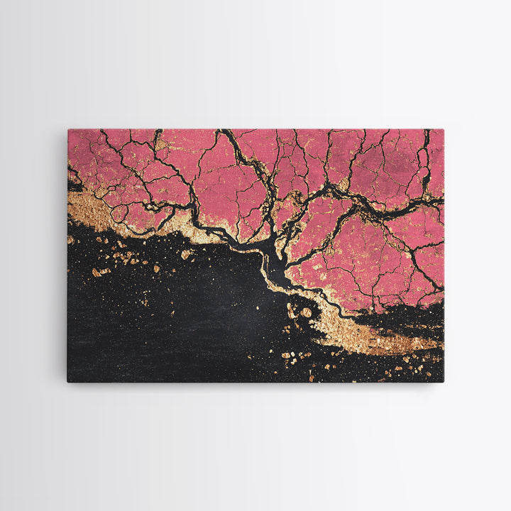 Pink Black And Gold Cracked Abstract Wall Art, Textured Canvas Print, Luxury Modern Decor, Earth Tone Statement Piece Unique Gift
