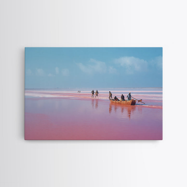 Pink Lake Boat With African Fishermen Wall Art, Senegal Travel Photography, Coastal Canvas Print, Pastel Blue Home Decor Gift
