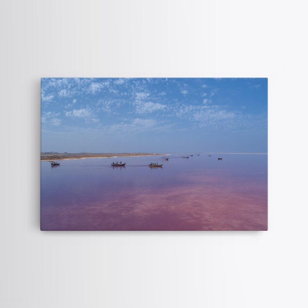 Wide Pink African Lake With Fishing Boats Wall Art, Serene Travel Photography, Blue Sky Canvas Print, Coastal Living Room Decor