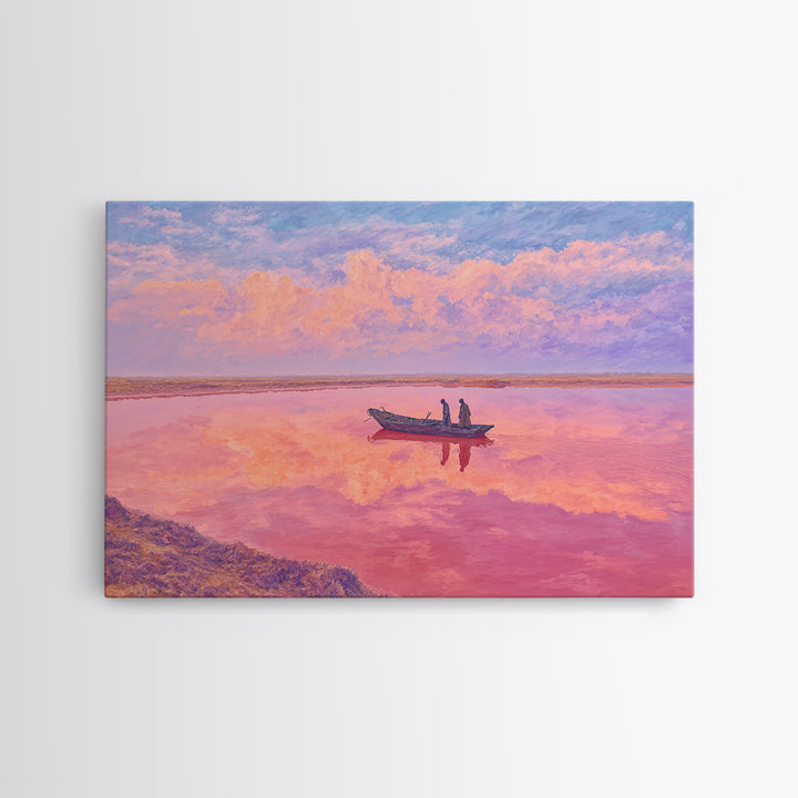 Pastel Pink Lake Boat At Sunset Canvas Print, African Landscape Wall Art, Dreamy Coastal Decor, Senegal Inspired Travel Gift