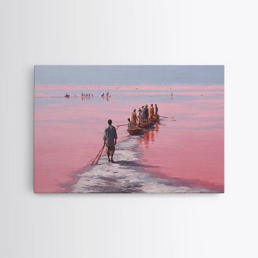 Pink Salt Lake Fishermen And Boats Wall Art, African Landscape, Senegal Travel Poster, Coastal Fishing Decor, Large Canvas