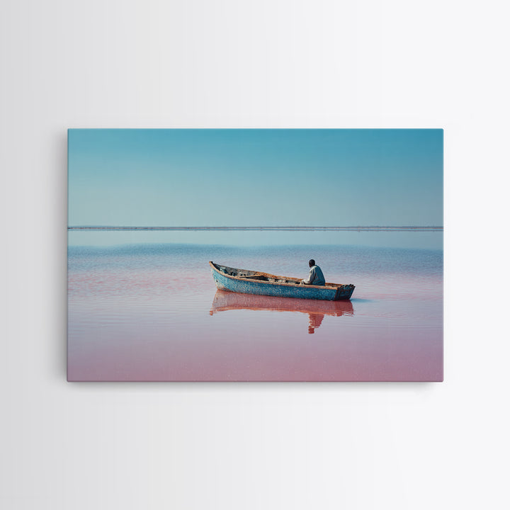 Lone Blue Boat On Pink Lake Canvas Print, African Landscape, Minimalist Travel Poster, Serene Coastal Wall Decor Gift For Home