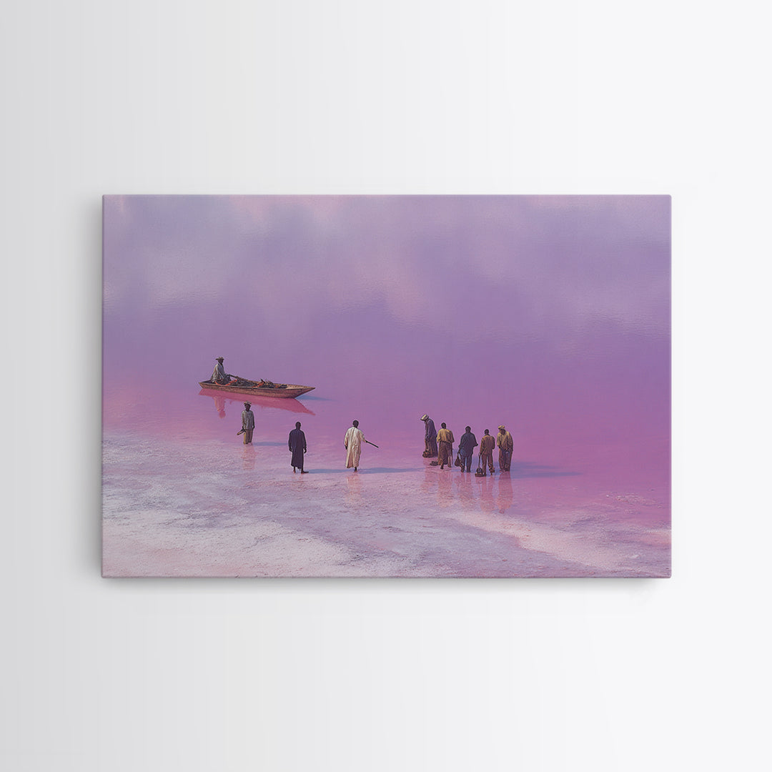 Purple Pink Salt Lake Boat Scene Wall Art, African Landscape, Coastal Travel Poster, Cultural Home Decor, Large Canvas Print