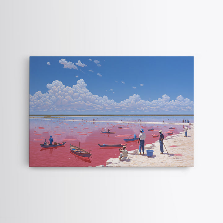 Vibrant Pink Lake Boats Under Clouds Framed Canvas Print, African Landscape, Senegal Travel Poster, Coastal Wall Decor Gift
