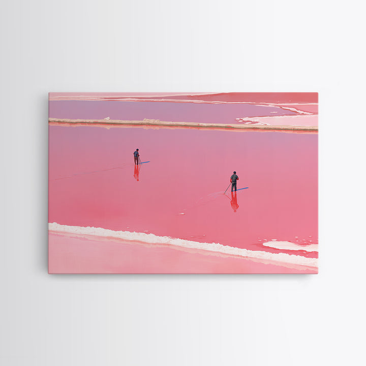 Two Figures Walking Pink Salt Flats Wall Art, Minimalist African Landscape, Dreamy Pink Decor, Modern Coastal Canvas Print