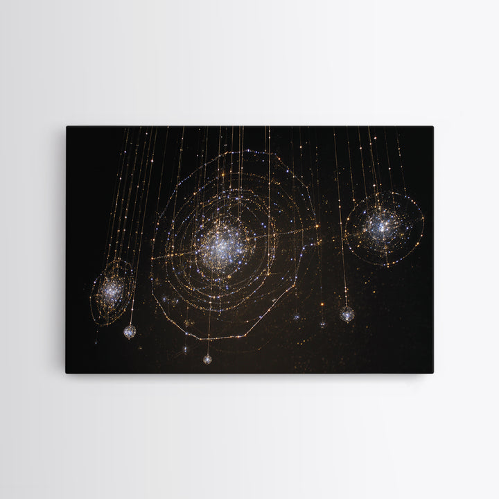 Golden Hanging Galaxy Lights Wall Art, Abstract Black Background, Spiritual Modern Art, Luxury Home Decor, Dreamy Canvas Print