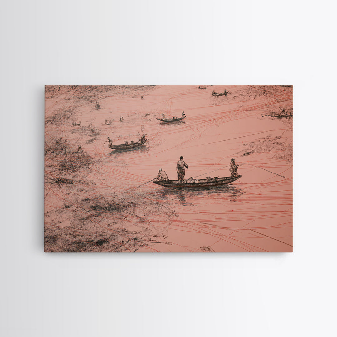 Aerial Pink Salt Lake Boats And Tracks Wall Art, African Landscape, Minimalist Coastal Poster, Earth Tone Canvas Print Decor