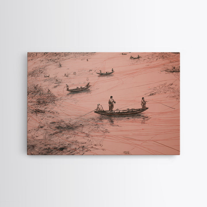 Aerial Pink Salt Lake Boats And Tracks Wall Art, African Landscape, Minimalist Coastal Poster, Earth Tone Canvas Print Decor