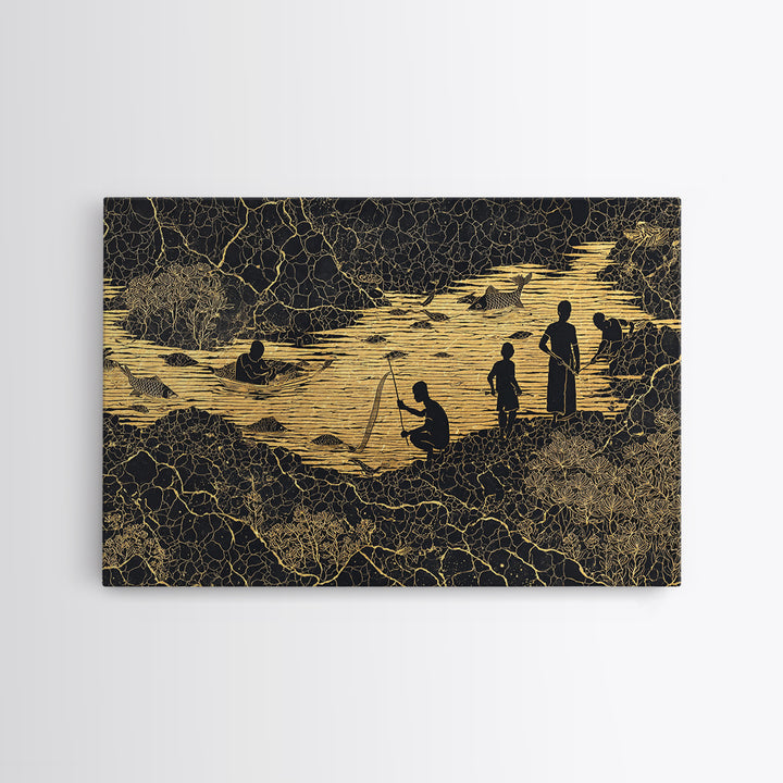 Golden River Village Silhouettes Wall Art, African Wall Art, Black Culture Art, Tribal Landscape, Cultural Home Decor Gift