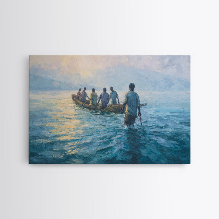 Blue Lake Fishermen In Canoe Canvas Print, African Art Print, Coastal Water Painting, Living Room Decor, Unique Canvas Gift