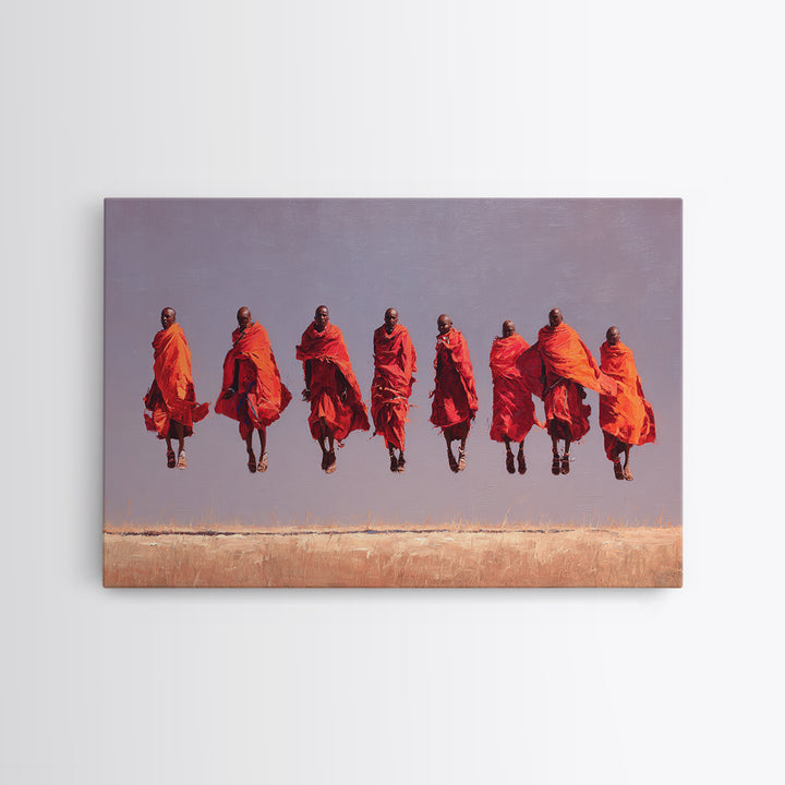 Seven Red Robed Maasai Jumpers Wall Art, African Tribal Art, East Africa Painting, Bold Wall Decor, Empowered Women Gift