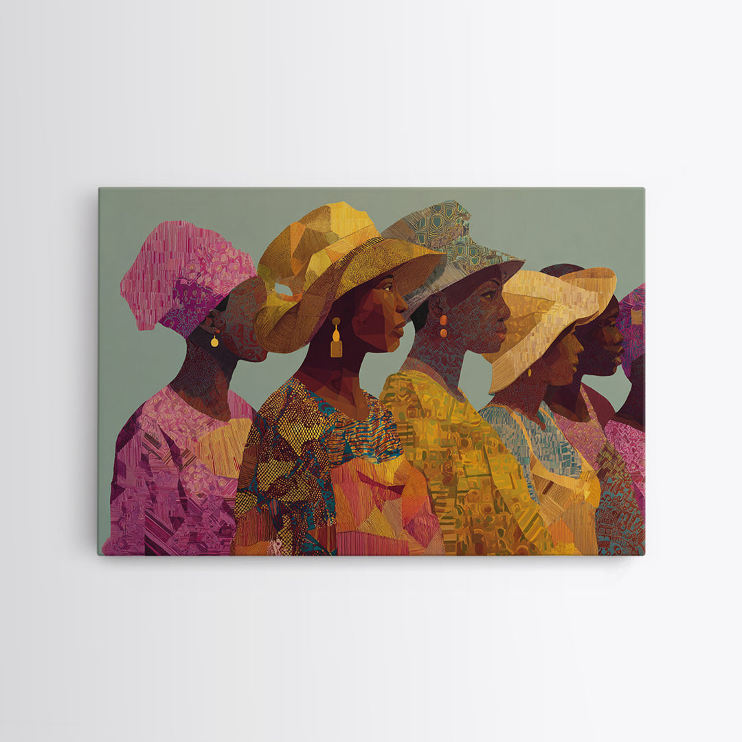 Four African Women In Woven Hats Canvas Print Ankara Wall Art Black Woman Art Afrocentric Decor Cultural Portrait Gift For Her