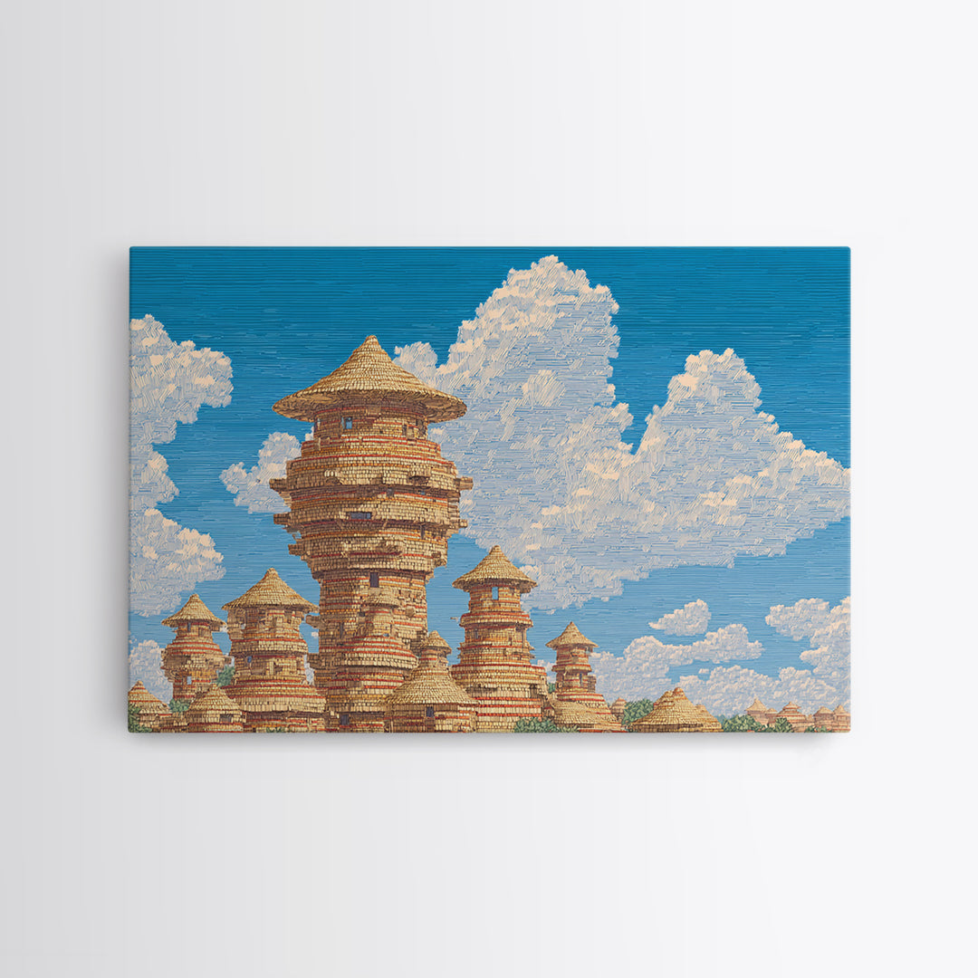 Sunlit African Village Towers Canvas Print Traditional African Architecture Wall Art Earth Tone Safari Decor Cultural Art Print