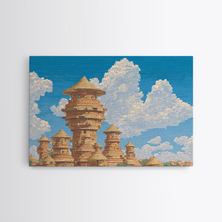 Sunlit African Village Towers Canvas Print Traditional African Architecture Wall Art Earth Tone Safari Decor Cultural Art Print