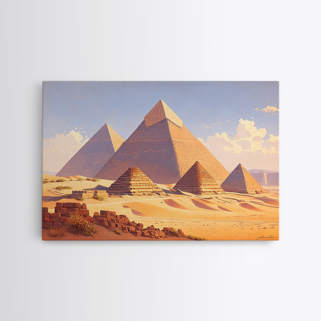 Warm Sunset Egyptian Pyramids Framed Canvas Print African Egyptian Art Ancient Desert Landscape Wall Decor Travel Poster Gift