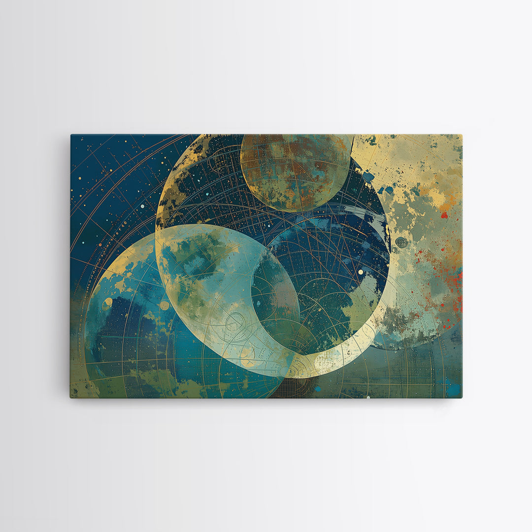 Layered Moons And Planetary Orbits Canvas Print, Abstract Wall Art, Modern Canvas Art, Celestial Digital Art, Office Decor