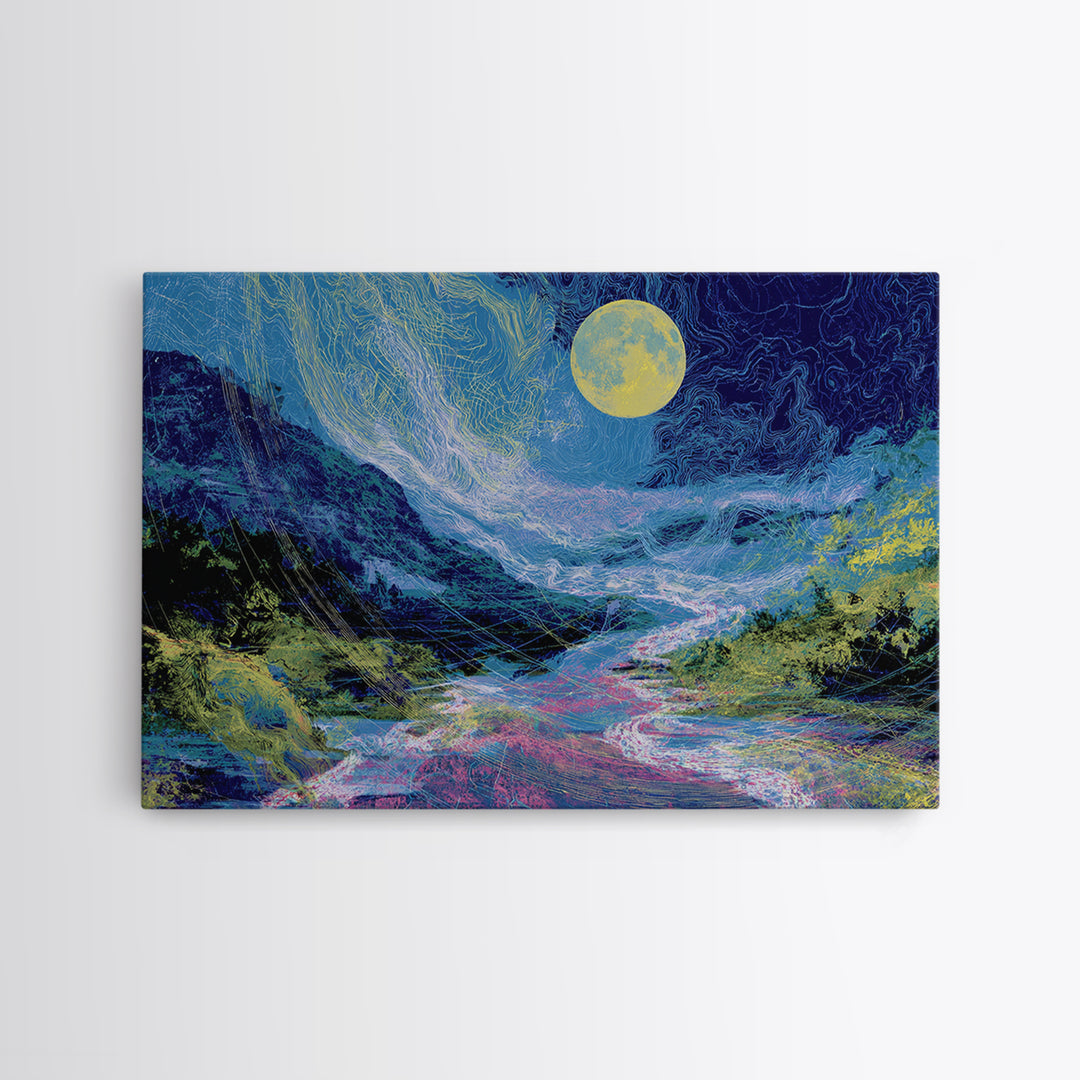 Blue Moonlit River Through Mountains Wall Art, Dreamy Wall Art, Nature Scene Art, Blue Home Decor, Large Decor Art, Living Room Art