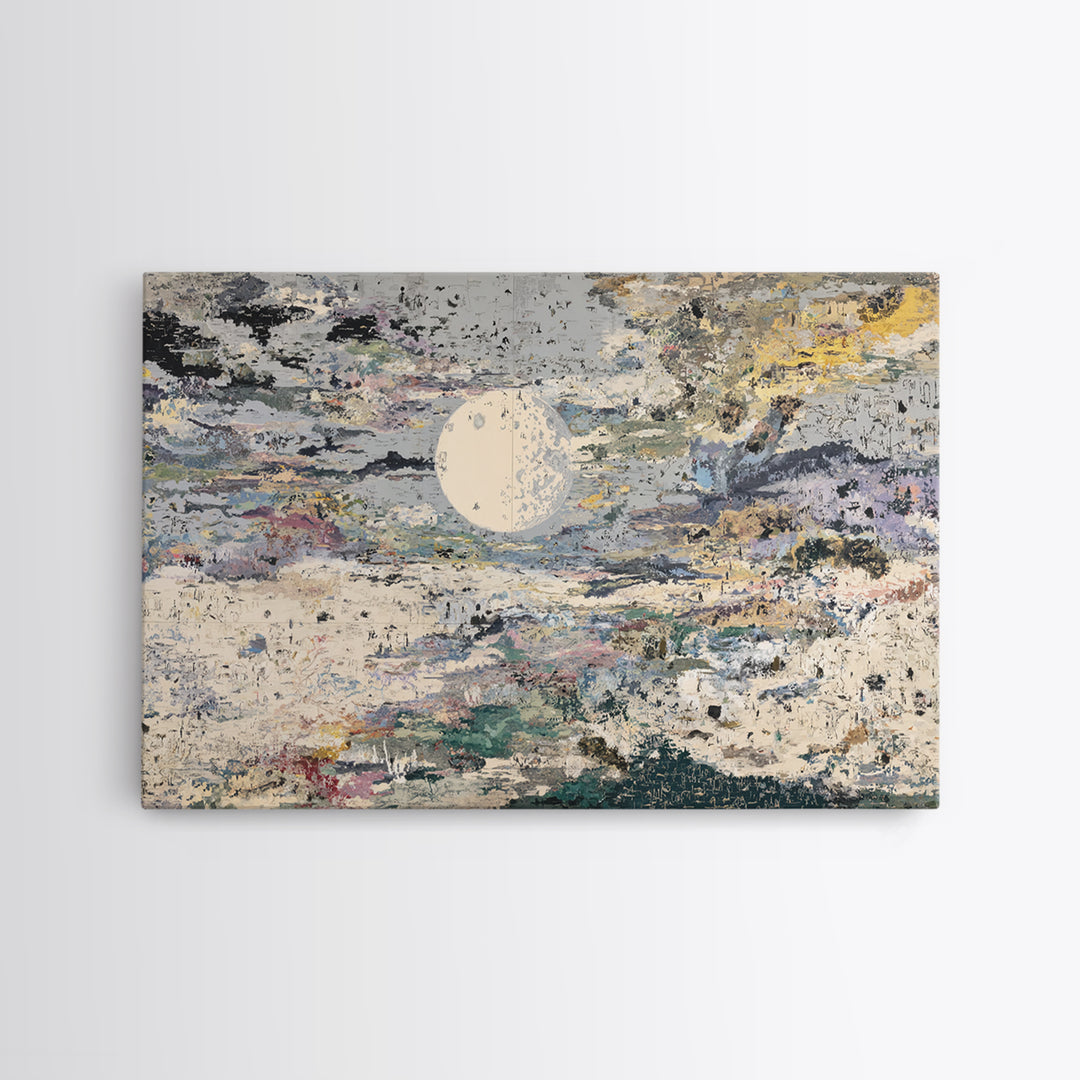 Textured Full Moon Over Abstract Clouds Framed Canvas Print, Abstract Wall Art, Modern Art, Beige Wall Art, Elegant Home Decor