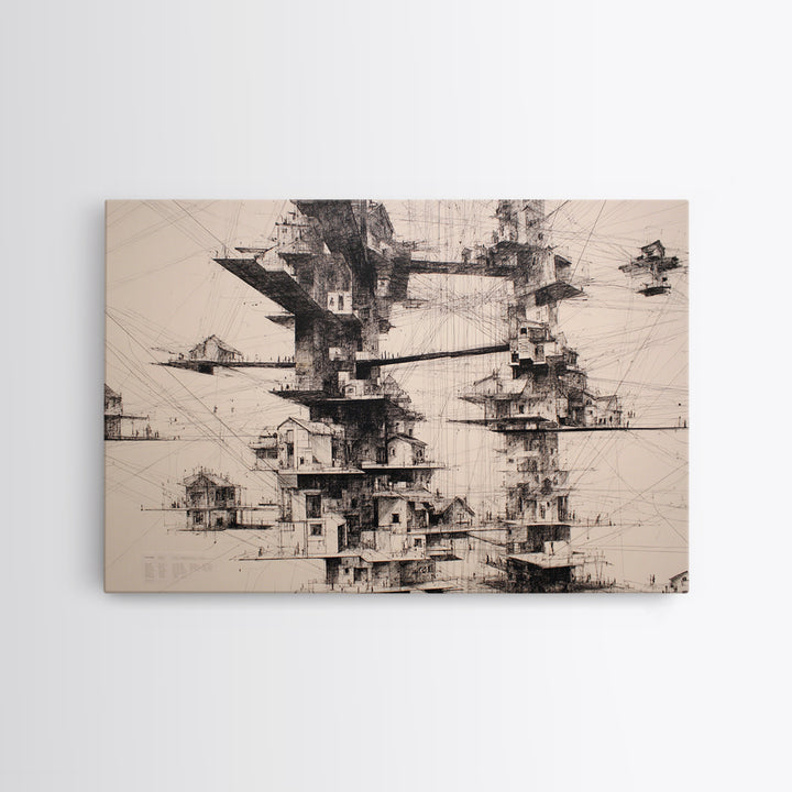 Futuristic Floating Tower City Wall Art, Architectural Illustration Art, Modern Wall Decor, Black And White Art, Office Art