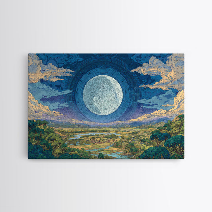 Giant Moon Over River Valley Canvas Print, Dreamy Wall Art, Nature Scene Art, Blue And Green Decor, Landscape Wall Decor