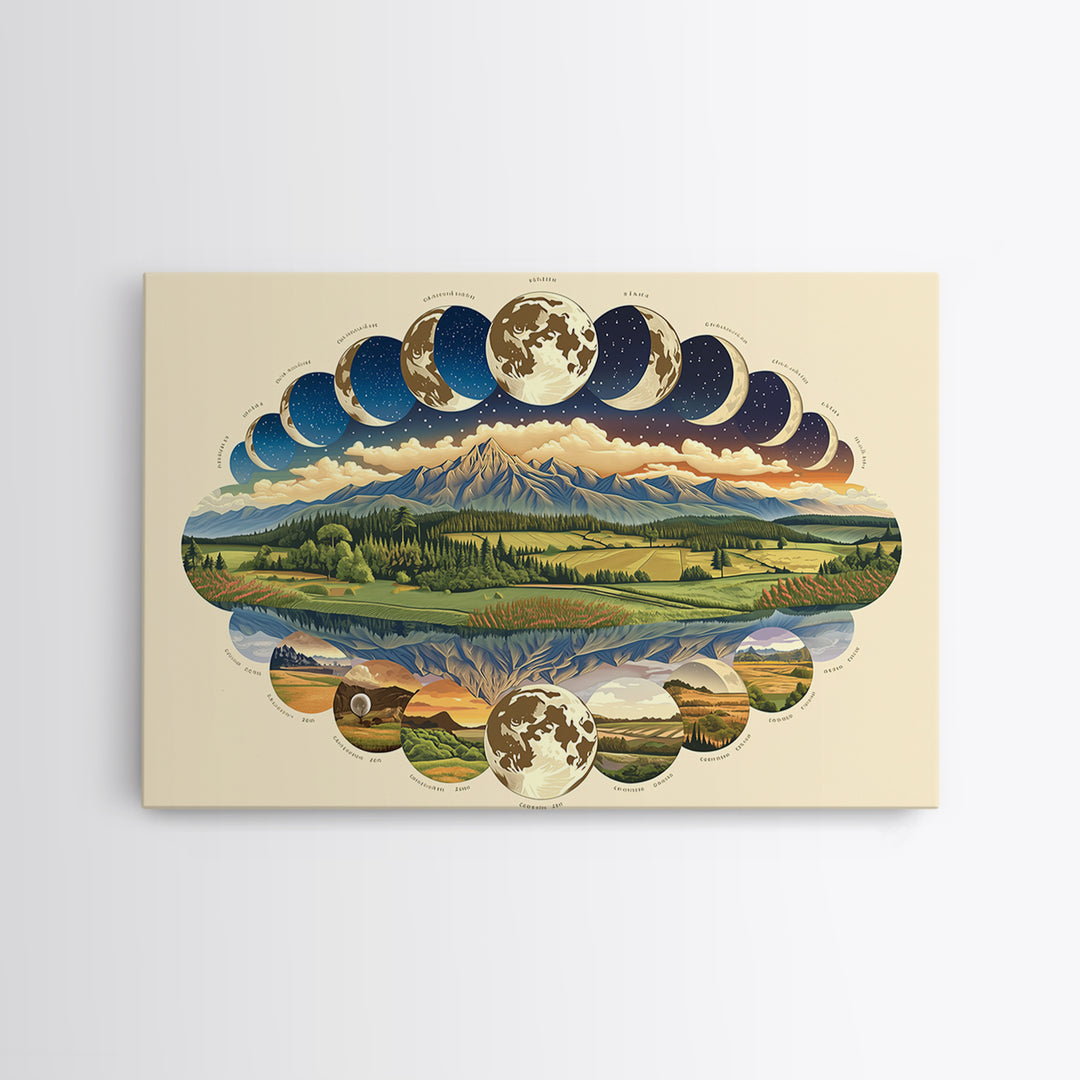 Moon Phases Over Mountain Lake Framed Canvas Print, Nature Scene Art, Spiritual Wall Art, Boho Wall Decor, Gift For Art Lovers