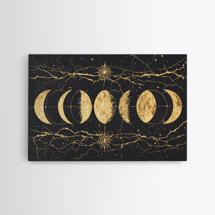 Gold Moon Phase Celestial Wall Art, Black Marble Lunar Decor, Mystical Astronomy Print, Boho Spiritual Home Decor Gift For Her