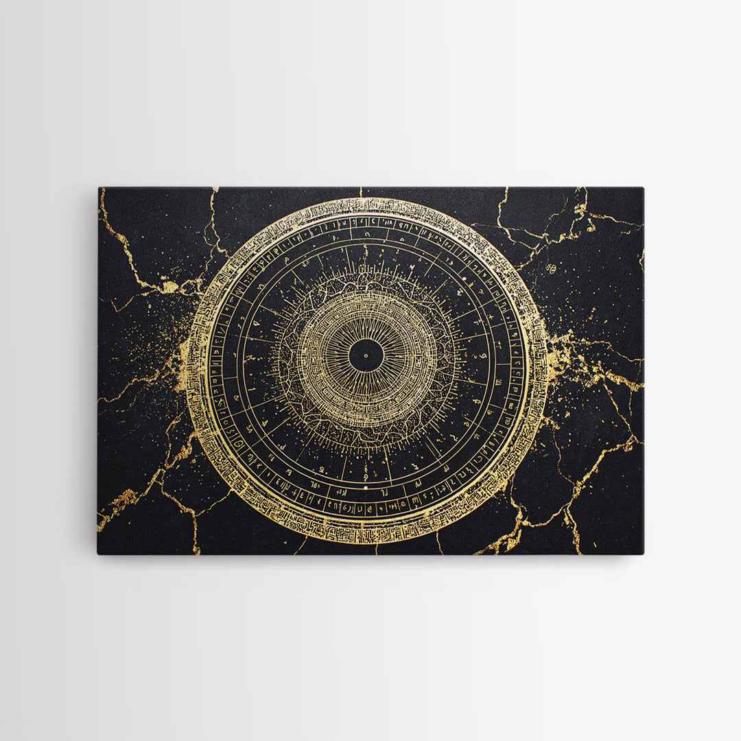 Gold Zodiac Wheel Framed Canvas Print, Astrological Chart Wall Decor, Celestial Astronomy Art, Mystical Home Decor Gift Idea