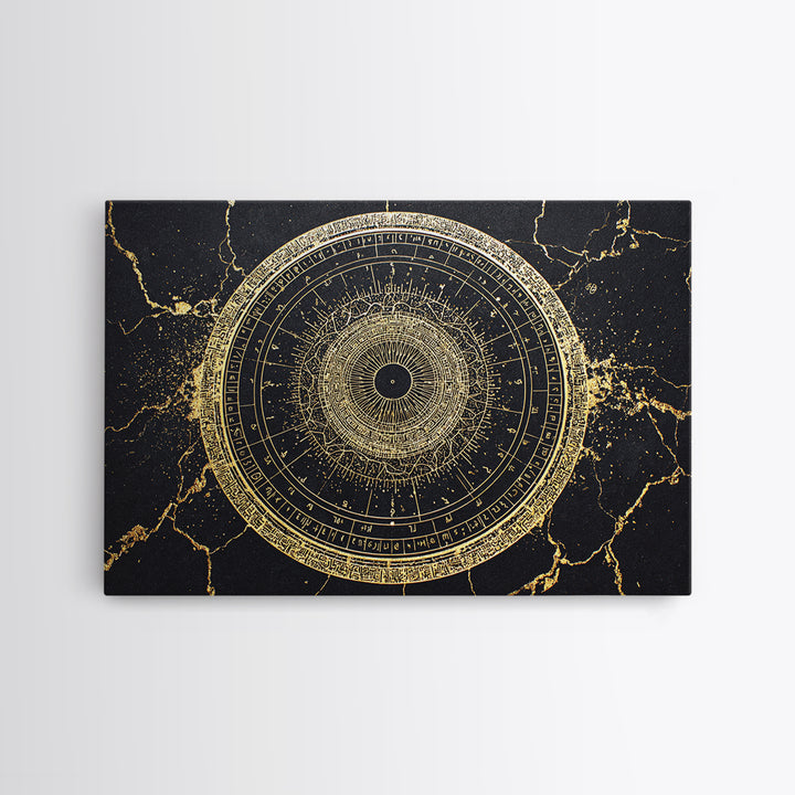 Gold Zodiac Wheel Framed Canvas Print, Astrological Chart Wall Decor, Celestial Astronomy Art, Mystical Home Decor Gift Idea