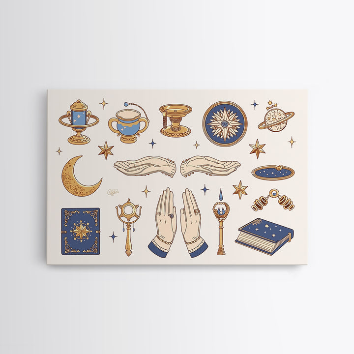Mystic Witch Hands And Stars Wall Art, Occult Objects Illustration, Tarot Celestial Decor, Boho Spiritual Gift For Her Print