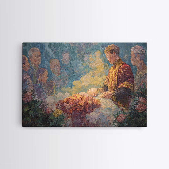Glowing Newborn Blessing Canvas Print, Spiritual Family Ceremony Painting, Dreamy Nursery Wall Decor, Meaningful Gift For Home