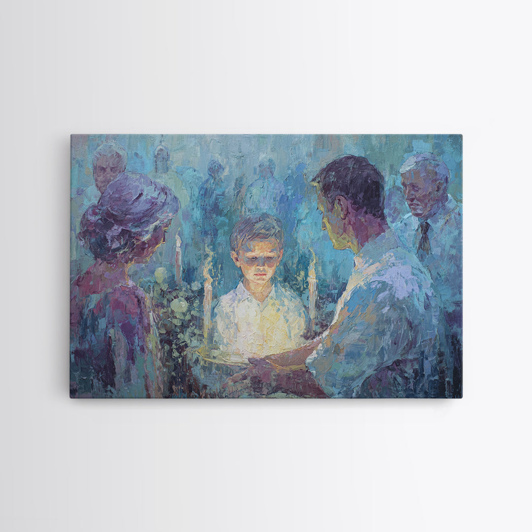 Candlelit Boy Ritual Wall Art, Blue Spiritual Family Ceremony Painting, Dreamy Portrait Canvas Decor, Meaningful Home Gift