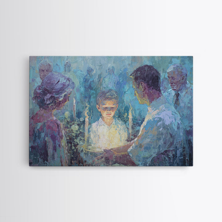 Candlelit Boy Ritual Wall Art, Blue Spiritual Family Ceremony Painting, Dreamy Portrait Canvas Decor, Meaningful Home Gift