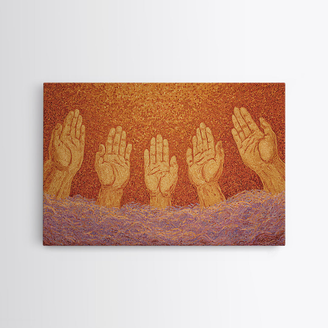 Golden Raised Hands Wall Art, Orange Mosaic Spiritual Painting, Empowerment Prayer Decor, Abstract Contemporary Home Gift