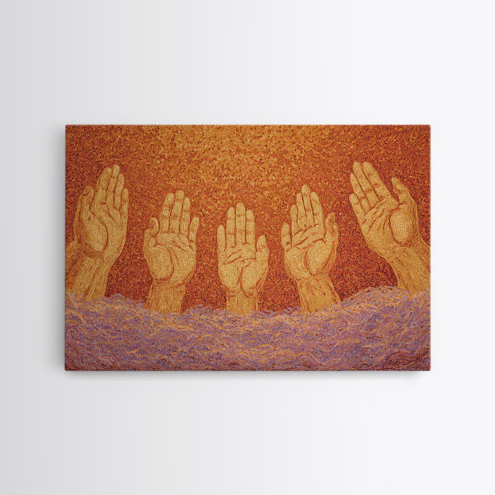 Golden Raised Hands Wall Art, Orange Mosaic Spiritual Painting, Empowerment Prayer Decor, Abstract Contemporary Home Gift