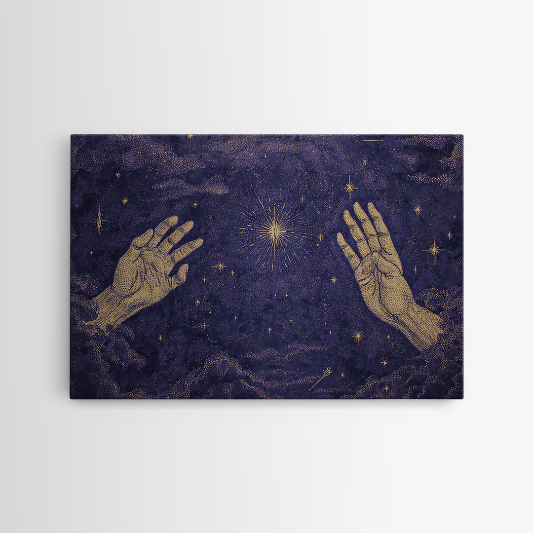 Celestial Reaching Hands Wall Art, Purple Starry Night Spiritual Decor, Mystical Astronomy Print, Dreamy Home Gift For Her