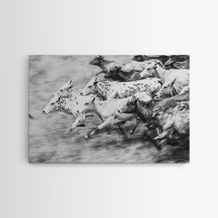 Black And White Running Cattle Wall Art, African Safari Animal Print, Rustic Farmhouse Decor, Western Herd Canvas Artwork