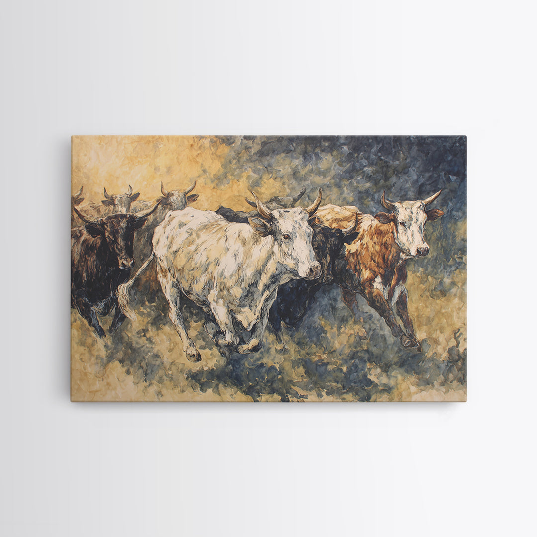 Galloping Longhorn Cattle Canvas Print, African Safari Wall Decor, Rustic Animal Painting, Earth Tone Statement Artwork Gift