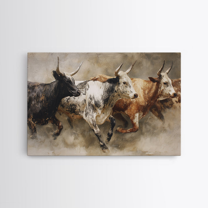 Three Longhorn Bulls In Motion Framed Canvas Print, African Safari Decor, Rustic Western Animal Wall Art For Living Room