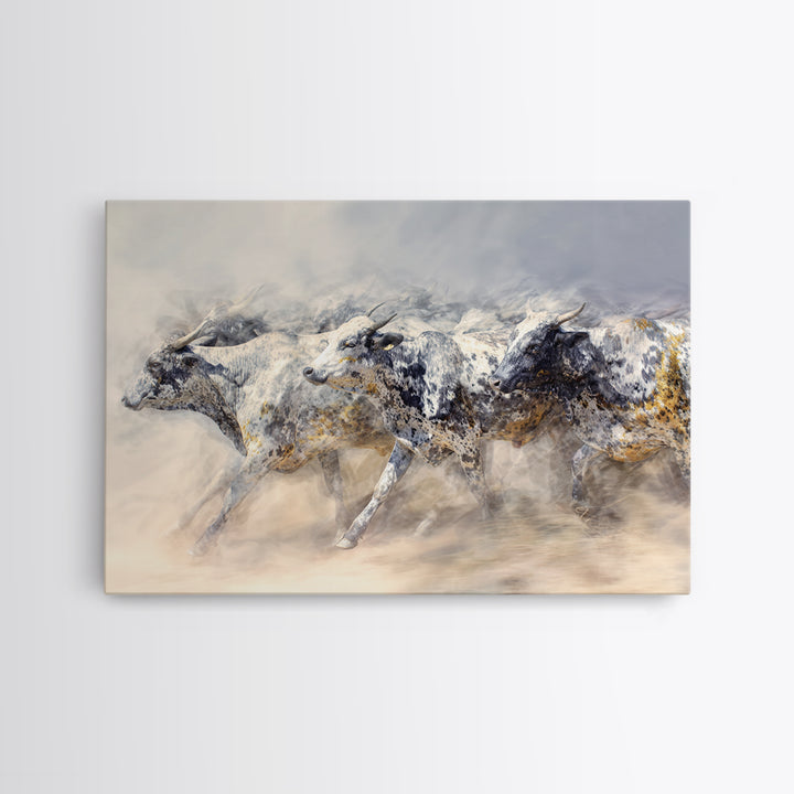 Dusty Spotted Bulls Racing Across Plain Canvas Print, African Safari Animal Art, Neutral Earth Tone Wall Decor Gift For Home