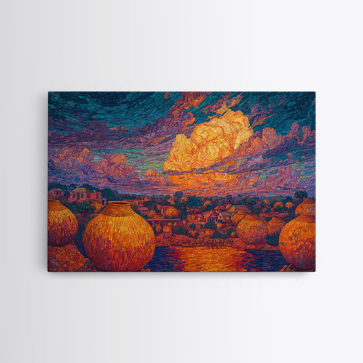 African Village Sunset With Clay Pots Wall Art, Colorful Landscape Print, Afrocentric Home Decor, Motherland Culture Art