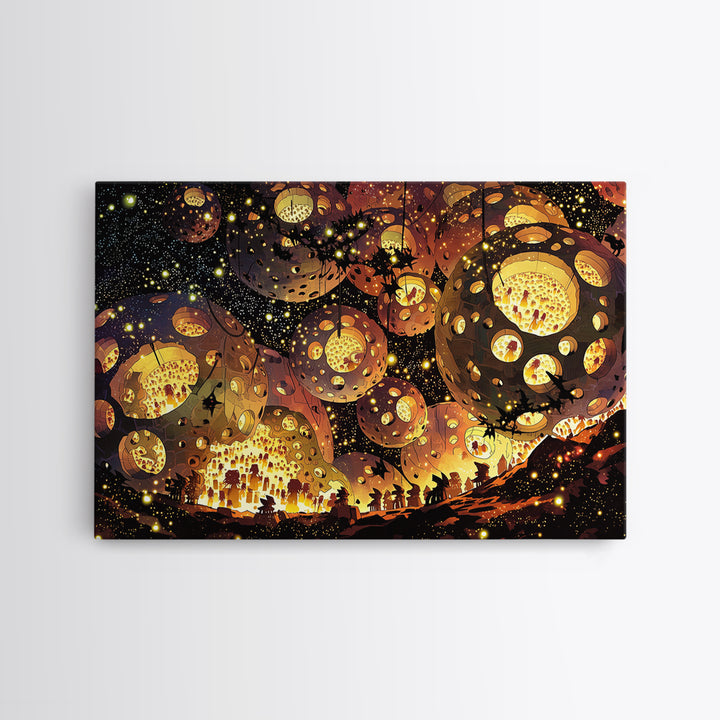 Glowing African Lantern Festival Canvas Print, Magical Night Wall Decor, Boho Afrocentric Art, Warm Golden Home Decor Gift