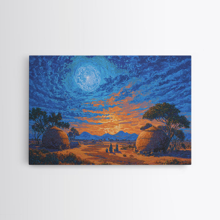 Moonlit African Village Landscape Wall Art, Blue Sunset Safari Decor, Motherland Hut Print, Serene Nature Scene Art Gift For Home