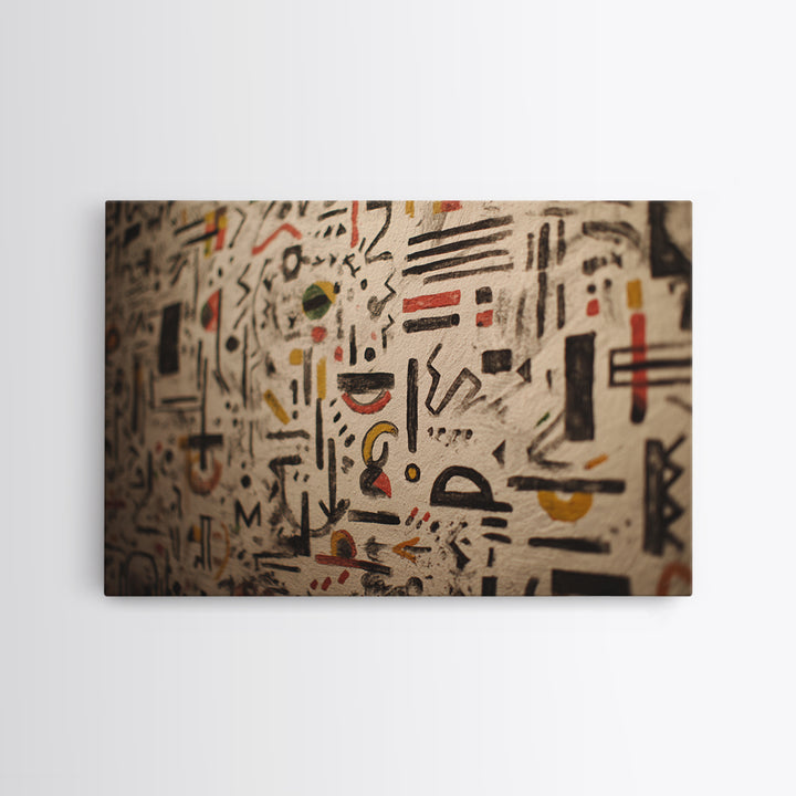 Ancient Painted Glyphs On Textured Cloth Canvas Print, African Patterns Wall Decor, Tribal Abstract Art, Cultural Home Decor