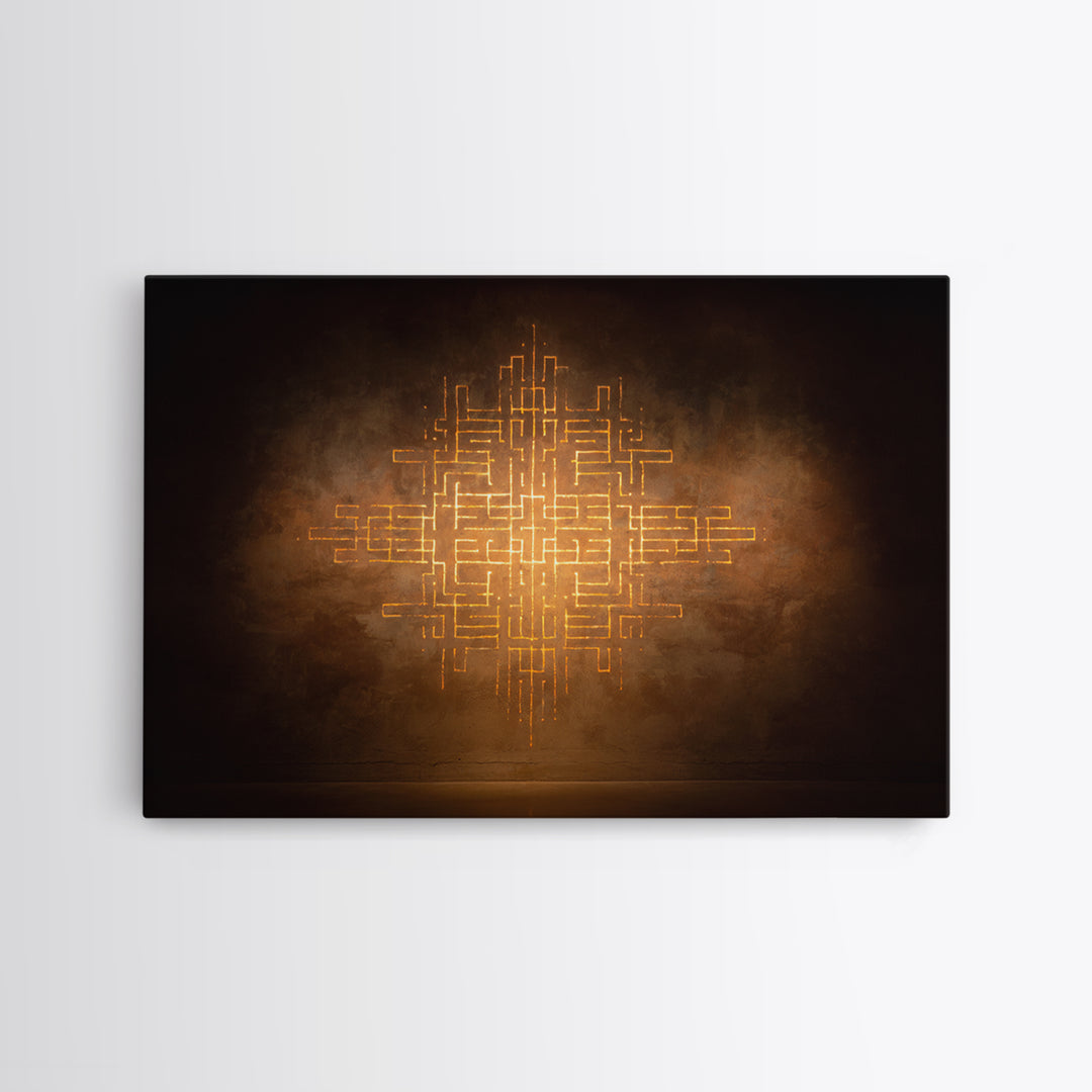 Glowing Gold Geometric Totem Canvas Print, African Abstract Wall Decor, Spiritual Symbol Art, Warm Brown Luxury Home Decor