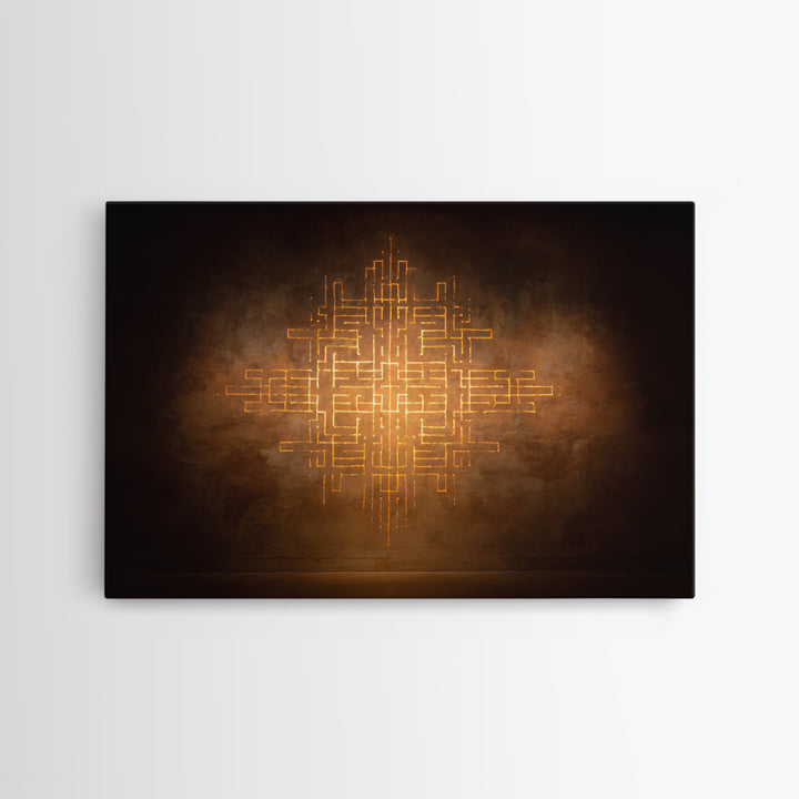 Glowing Gold Geometric Totem Canvas Print, African Abstract Wall Decor, Spiritual Symbol Art, Warm Brown Luxury Home Decor