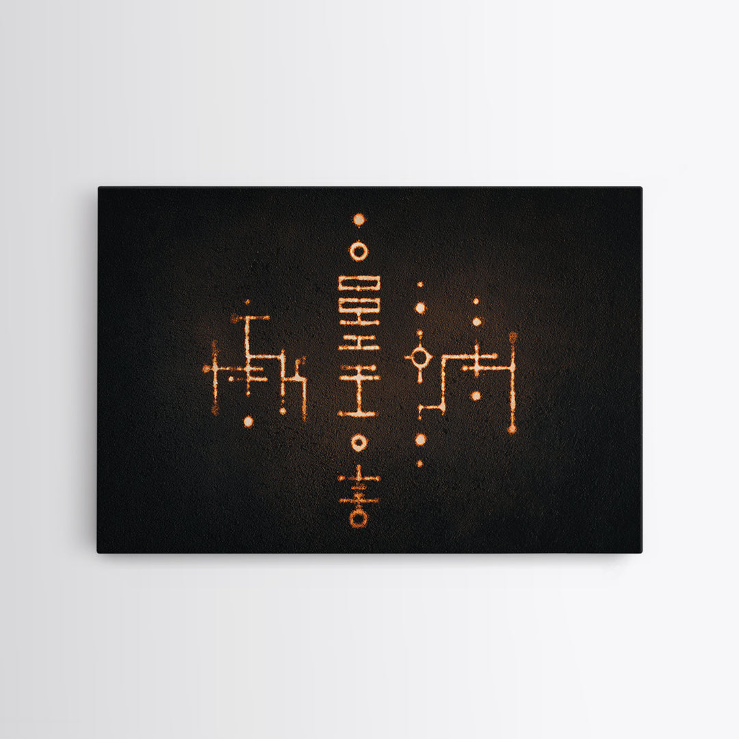 Glowing Orange Tribal Markings Canvas Print, African Symbol Wall Decor, Minimalist Black Abstract Art, Spiritual Home Decor