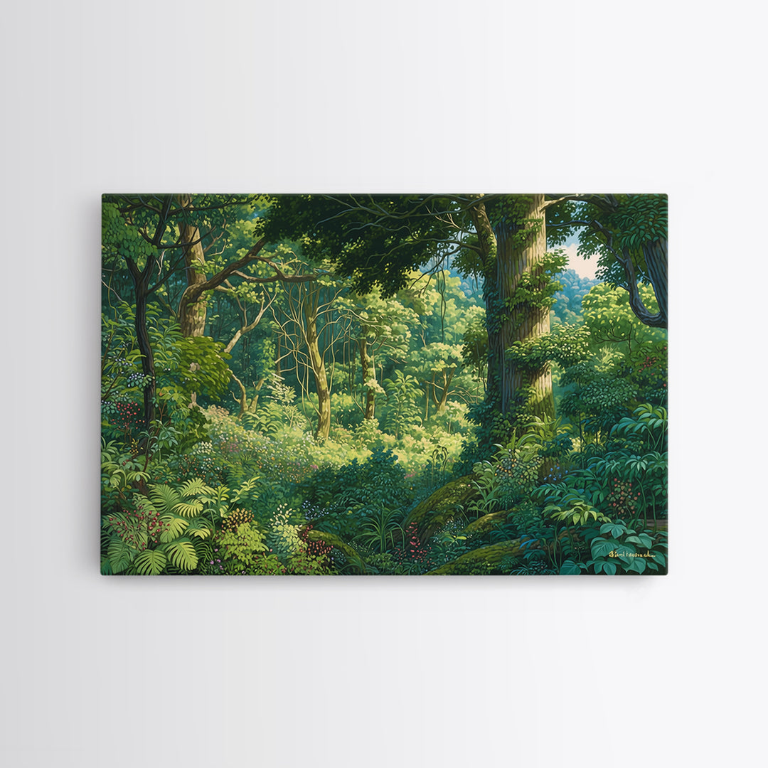 Sunlit Lush African Jungle Wall Art, Green Forest Landscape Canvas, Nature Scene Decor, Boho Living Room Statement Gift, Home Decor