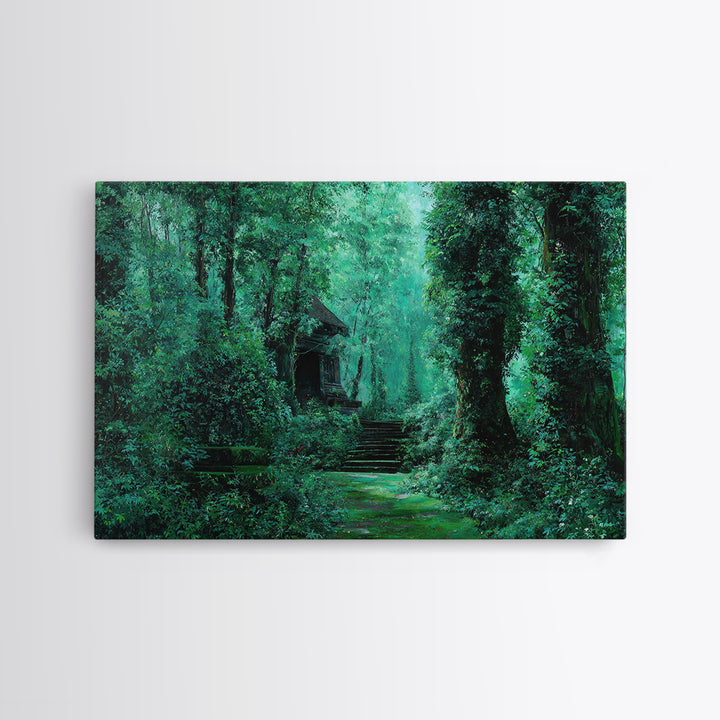 Emerald Forest Ruins And Stone Steps Canvas Print, African Landscape Wall Decor, Mystical Jungle Art, Dreamy Green Home Decor