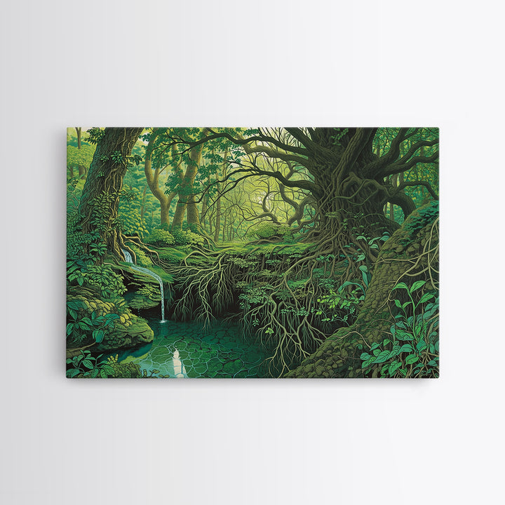 Ancient Emerald Forest Creek And Twisted Roots Wall Art, Green Nature Landscape Canvas, Mystical Jungle Home Decor For Living Room